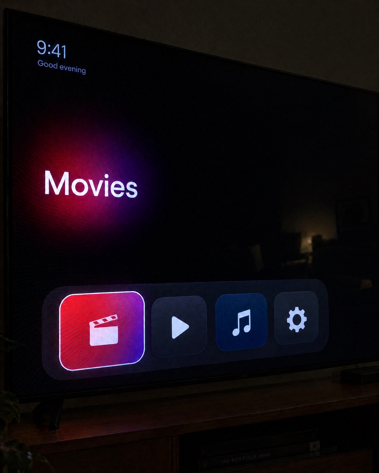 A calm, clean TV home screen in a living room