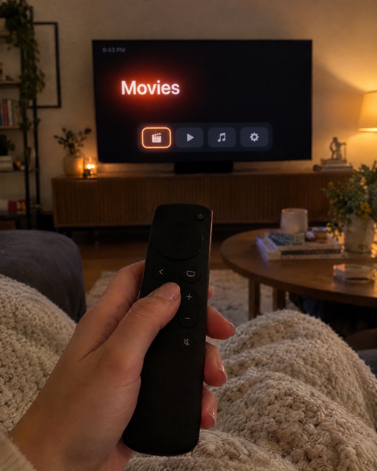 A hand holding a TV remote